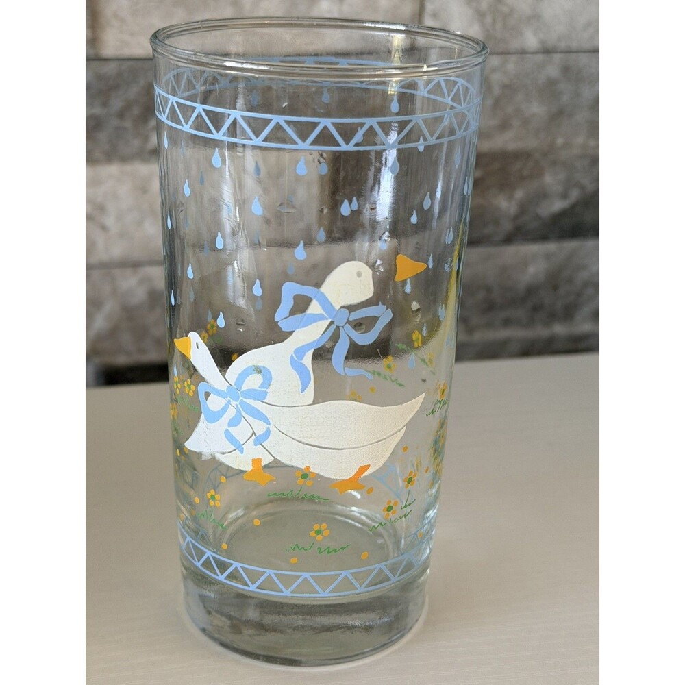 Vintage Anchor Hocking Farm Country Geese Tumbler Blue Ribbon Rain Rare Misprint